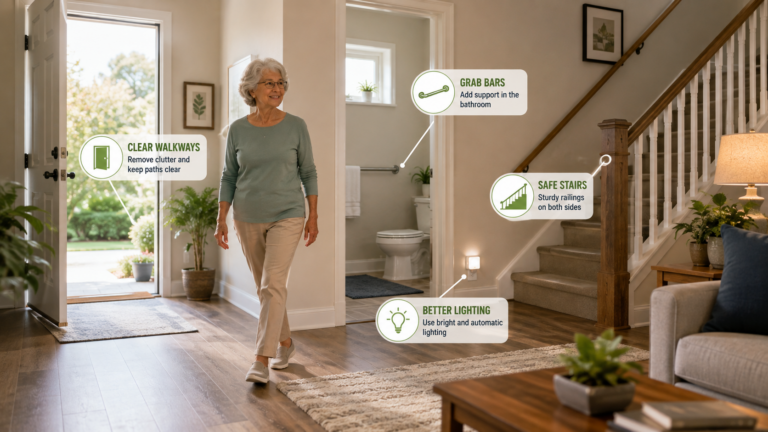 Older woman walking through a safe, accessible home with grab bars, clear walkways, brighter lighting, and sturdy stair railings.