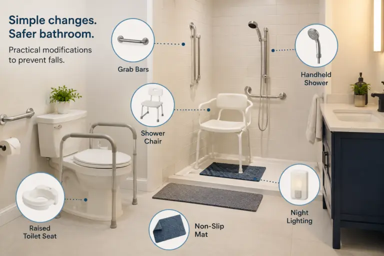 Accessible bathroom with grab bars, shower chair, raised toilet seat, non-slip mat, handheld shower, and night lighting for senior safety