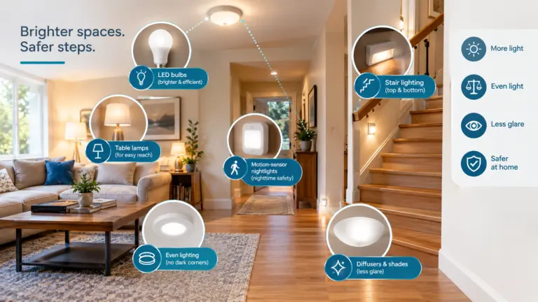 Senior-friendly home lighting with LED bulbs, table lamps, motion-sensor nightlights, stair lights, and glare-reducing diffusers for safer movement around the home.