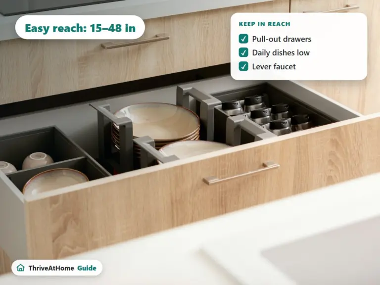 Open pull-out kitchen drawer with dishes, with the easy-reach zone of 15 to 48 inches