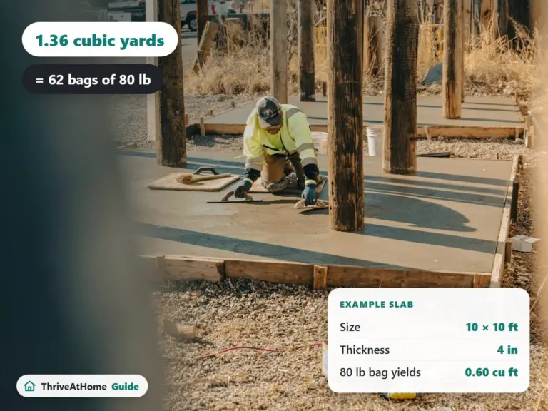 Worker finishing a fresh concrete slab inside wood forms, with the 10 by 10 ft example: 1.36 cubic yards or 62 bags of 80 lb