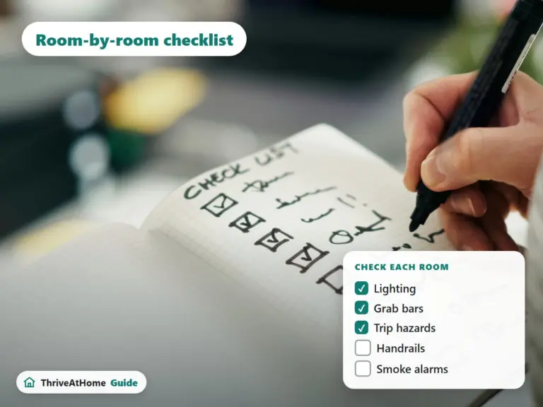 Hand checking off a handwritten checklist, with a room-by-room home safety checklist