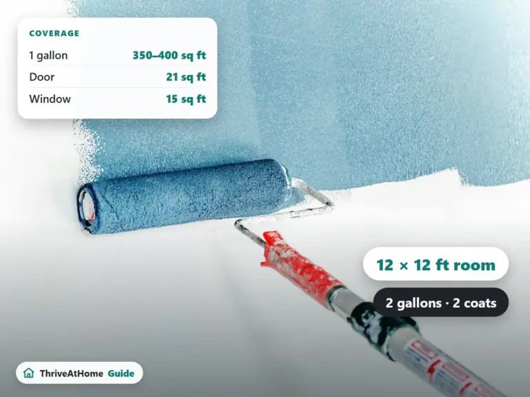 Paint roller applying blue paint to a white wall, with paint coverage per gallon and 2 gallons for a 12 by 12 ft room