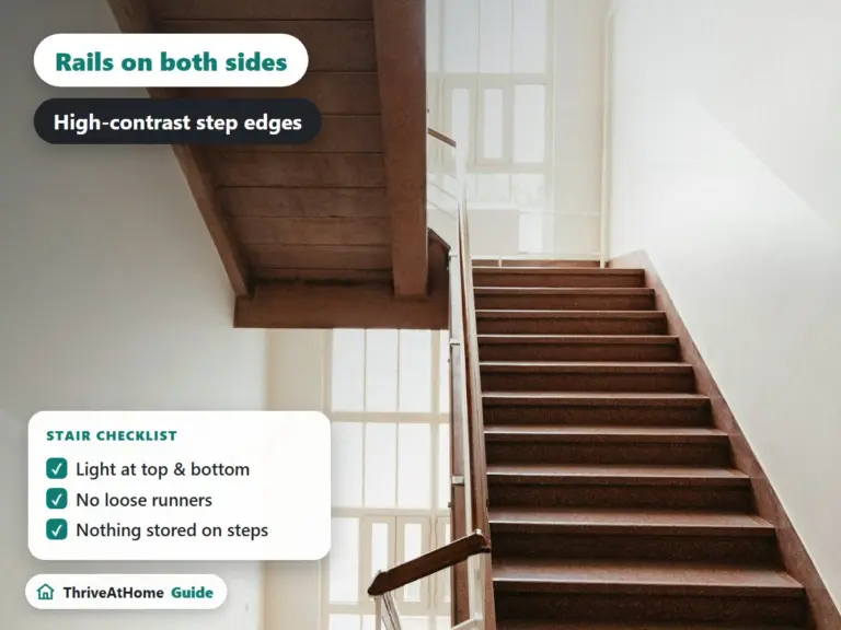 Wooden staircase with a handrail and a stair safety checklist